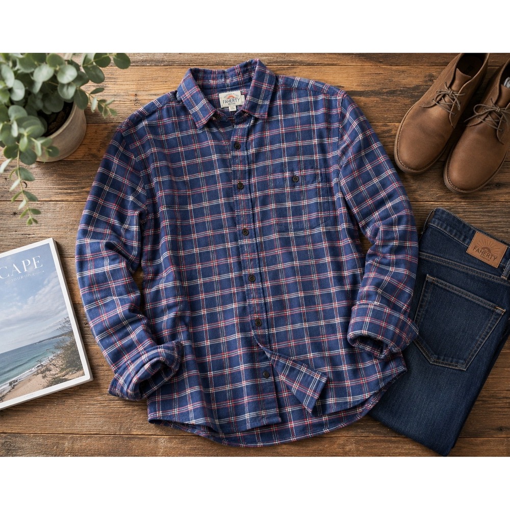 Faherty Brand Mens Blue Red Plaid Flannel Button Down Shirt Size Med Long Sleeve
